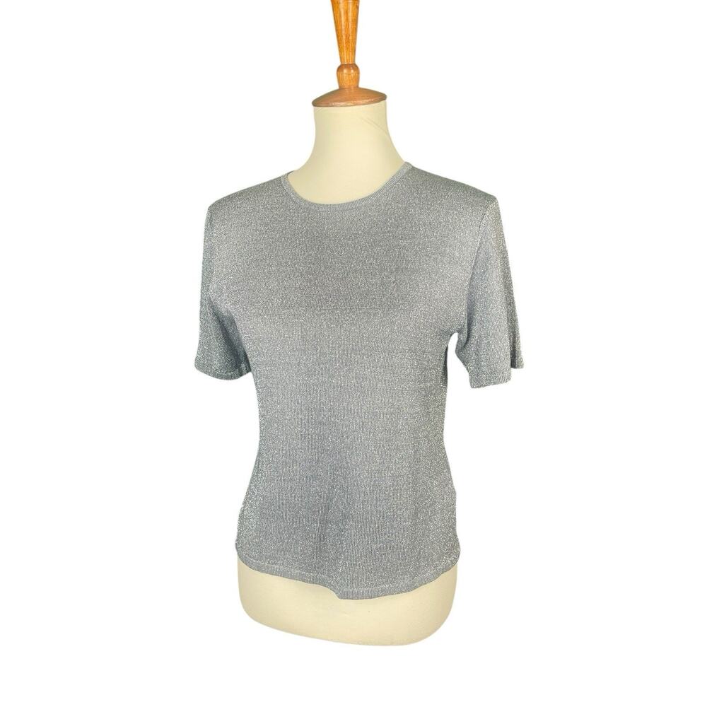 Kasper Gray Glitter Top Women Size 10 Short Sleeve Stretch Vintage 90s Y2k